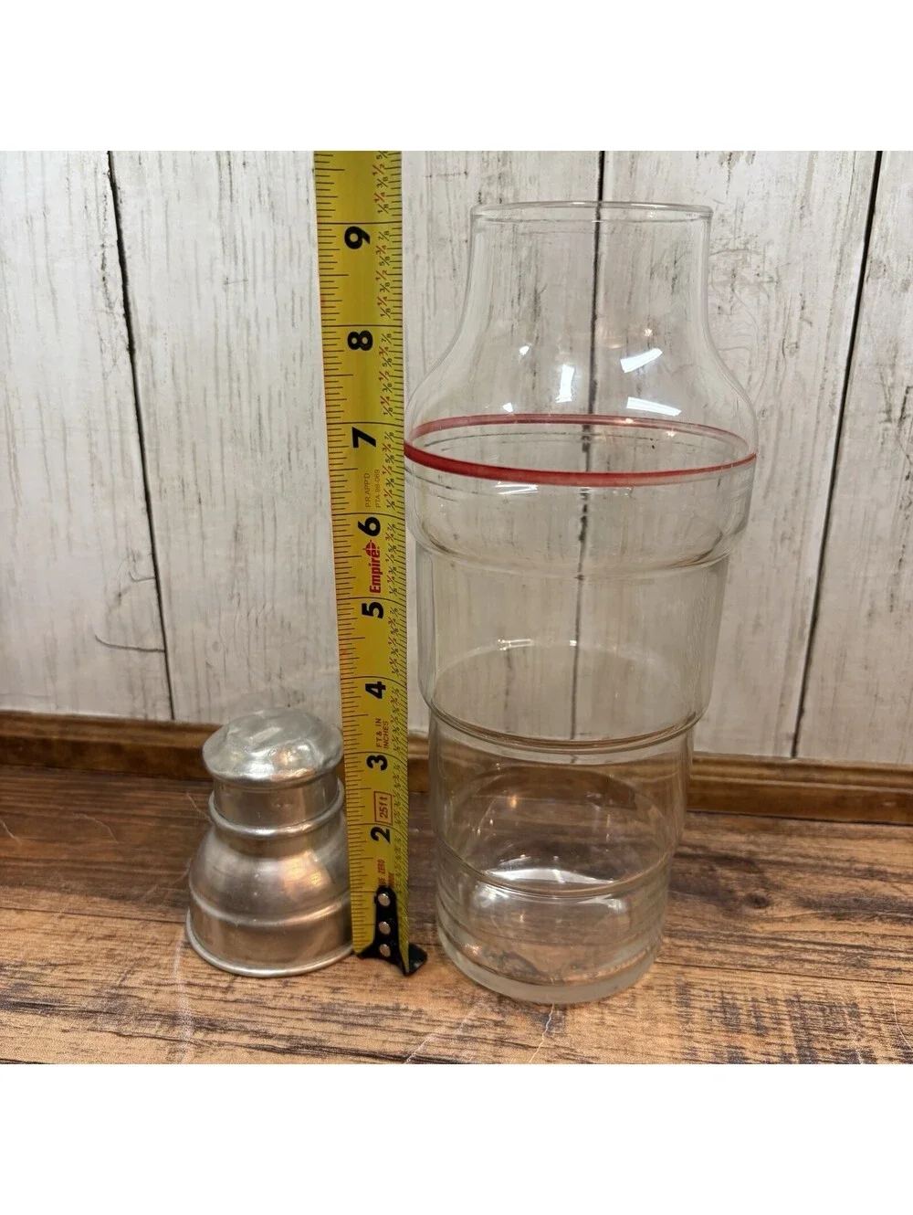 Vintage Cocktail Shaker Red Stripe Art Deco Glass MCM Aluminum Cap Drink Mixer